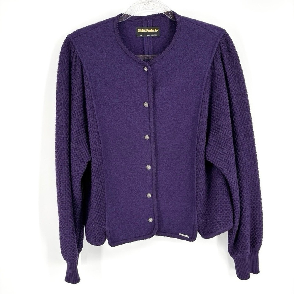 Geiger Sweater Cardigan Womens 36 Purple 100%‎ Pure Wool Button Up Austria